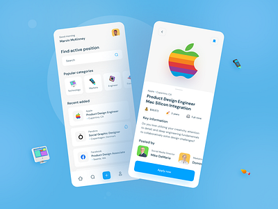 Job Finder IOS App 3d card category clean cta icons info job job application job board list logo product card profile profiles search slider typography