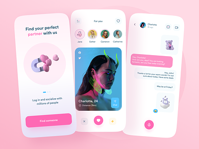 😍 Valentine's Dating App 😍 3d app chat chat app clean dating feed illustraion onboarding pink profile rose slider swipe typography ui valentine