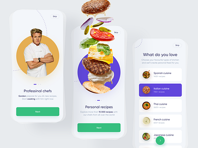 Cooking App app button chef clean concept cooking cuisine food grid illustraion onboarding photo recipe select slider typography ui