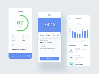 Application for electric cars activity battery bill card graph grid map nav navigation payment productivity swipe time typogaphy