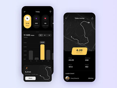 Health App - Steps Overview app calories chart clean dark ui heart map run sport stats