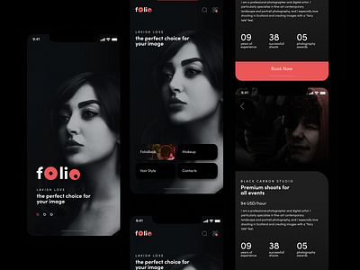 Portfolio Booking App - Photography, Make up Artist app application branding colors dark mode dark theme dark ui design elegant flat logodesign minimal modern photography portfolio simplified slick userinterface ux vector