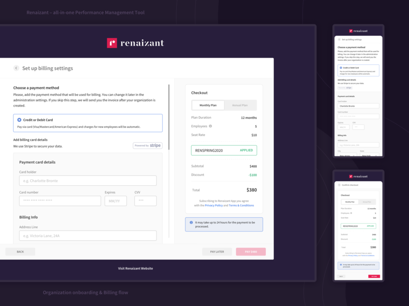 • Renaizant • Onboarding • Billing application billing checkout credit card checkout employee hr app hr software payment payment method performance performance management price price list saas service subscription subscription plan