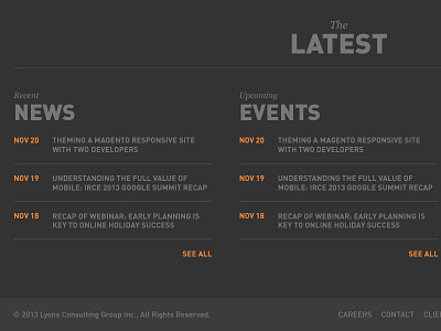 Mega-Footer blog cta dark grey din events footer georgia grid layout orange typography web design