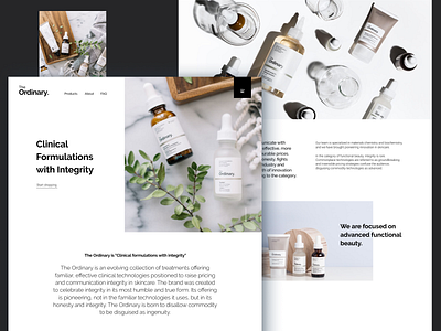 Website for brand The Ordinary. Daily UI. Day 05. black cosmetics ecommerce for women landing page minimalism the ordinary website white