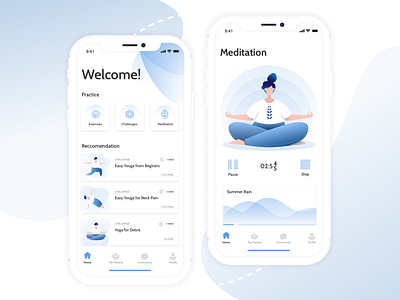 Yoga App application blue inspire light mobile soft training ui ux yoga