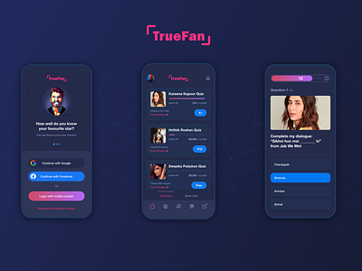 Truefan app bollywood dark ui quiz uiux