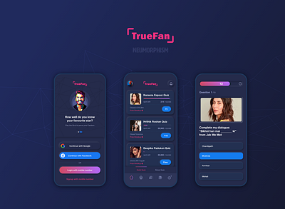 Truefan Neumorphic app bollywood dark ui design illustration neumorphism quiz quiz app truefan truefan uiux user interface