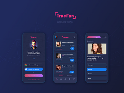 Truefan Neumorphic app bollywood dark ui design illustration neumorphism quiz quiz app truefan truefan uiux user interface