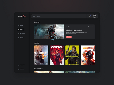 Gaming Client Store UI case study client concept dark design game gaming hover hover effect interface red software store ui ux