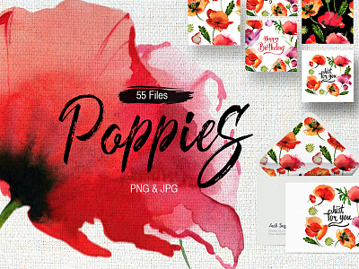 Poppy flowers PNG watercolor set