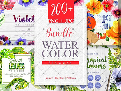 Bundle watercolor flowers 4 products, 260 files bundle sale tropical violet watercolopng watercolor