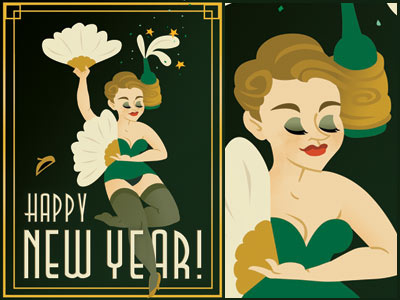 Happy New Year art deco burlesque greeting card holiday illustration poster design vector woman