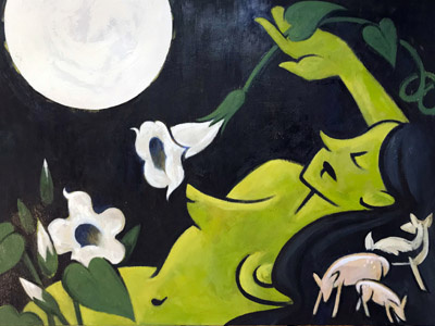 Crepuscular Bodies oil painting datura deer doe green moon moonflower night night blooming nocturne oil painting painting woman