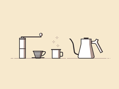 Coffee Pour Over Kit bold coffee dripper flat graphic design grinder illustration kettle line monochrome morning mug object outline pourover simple simplistic sketch table tone
