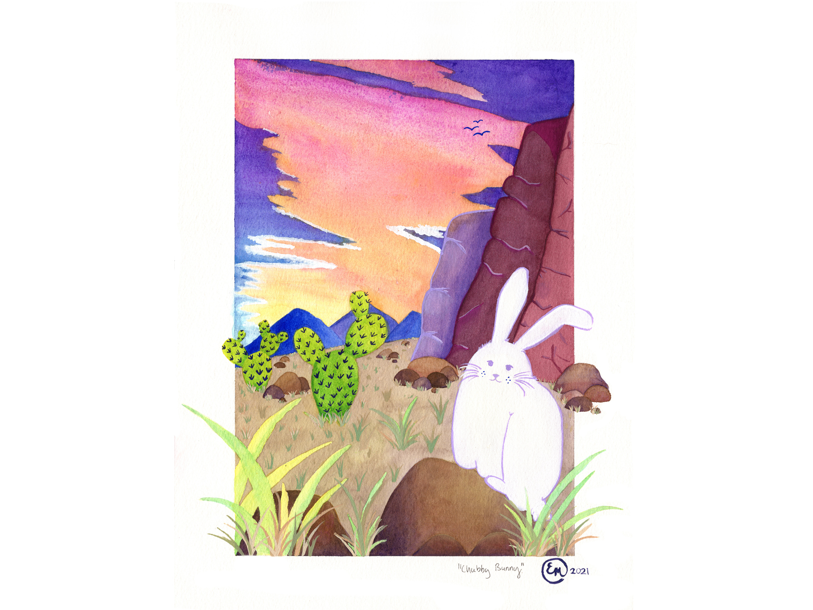 Chubby Bunny bunny chubby desert gouache illustration landscape rabbit sunset watercolor white