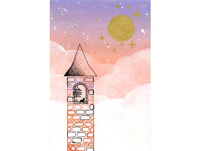 Castle Tower in the Sky castle clouds fantasy gouache illustration moon painting stars sunset tower witchy