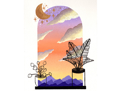 Stages of Sunset Triptych 1/3 clouds fantasy gouache illustration magic painting pilea plants sunset window