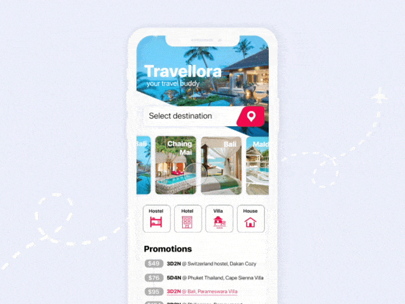 Travellora :: Your travel Buddy app animation app design effects gif interaction iphone malinc vimal