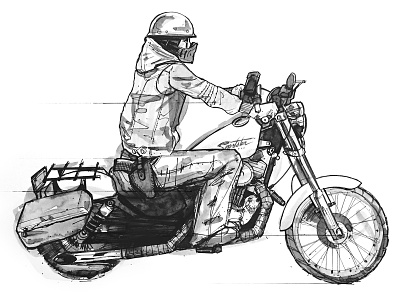 Gunslinger black and white commission drawing firearm gun harley davidson illustration motorcycle pen and ink sportster