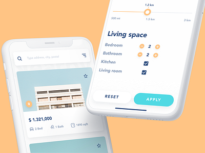 Property rent app: property list and filters 2019 apartment app design filter interaction ios 12 mobile property react native rent rental rental app search settings ui ux wizard yellow