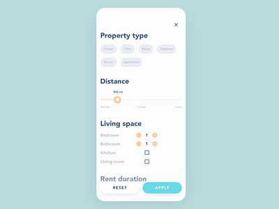 Property rent app: filters selection process 2019 animation app blue design filters interaction ios 12 mobile property property search react native rent rental app search settings ui ux wizard yellow