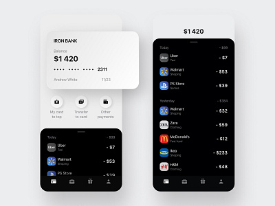 Iron Bank - Main Page & History app bank clean concept design flat minimal mobile ui ux