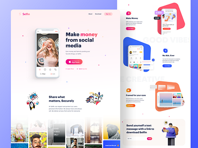 Selfin Landing Page app bold clean color colorful curvy desktop fun gradient hero homepage illustration landing page shape social media social network ui ux web website