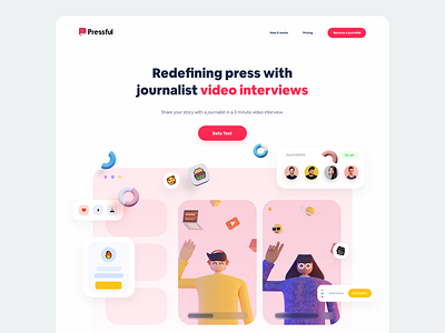 Pressfull Header Concept 3d app card clean colorful creative desktop flat fun header homepage illustration landing page pastel typography ui ux vibrant web website