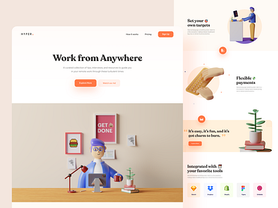 Landing Page Work From Anywhere - #VisualExploration 3d 3d character bold branding c4d clean creative fun header homepage illustration landing page pastels ui ux web webapp webdesign website whitespace