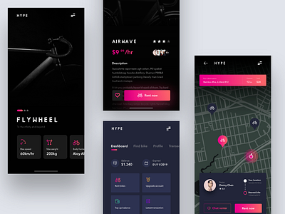 Bike Rent App - #VisualExploration app app design black card dark gradient ios map minimal minimalism minimalist rent app ui ux