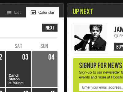 Sneak peak button calendar call to action events feature green grey icon jazz music signup tickets website