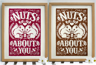 Nuts About You Print acorn anniversary gift autumn fall gift for twins hand lettering hand printed hearts illustration oak leaves screenprint snowdon design craft squirrels twins typography vintage typography wedding gift