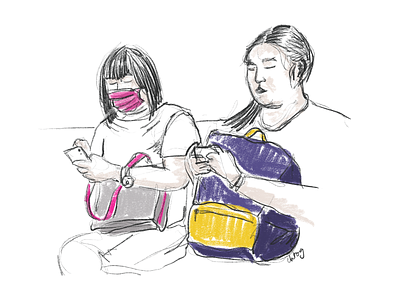 Everyday life - women busy looking at their phone asia dailylife grey hand drawn illustration illustrator metro pencil people phone procreate sketch taipei taiwan