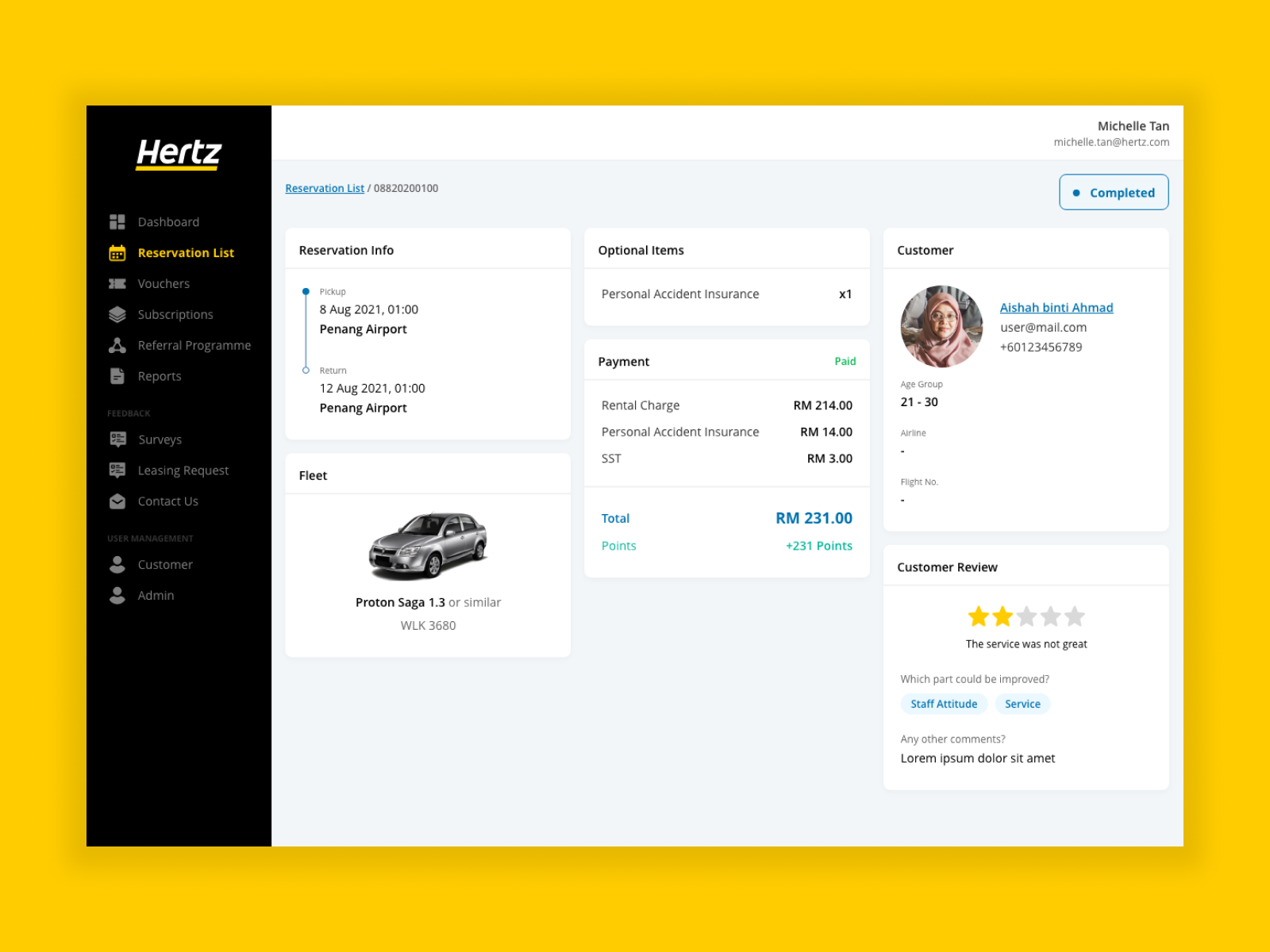 Hertz Car Rental Admin Dashboard (Reservation Details) by Syakir