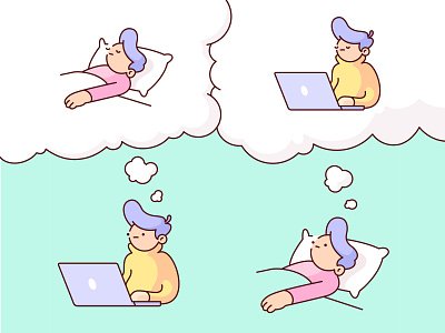 Until I die bed character design freelance humor illustration laptop meme vector work