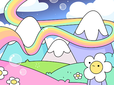 doodleville bubbles colourful delight flower flowers happy illustration landscape mountains rainbow vector