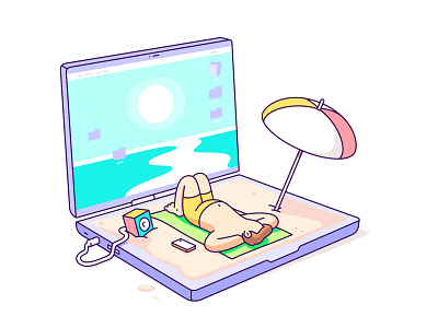 Working Vacation beach character desktop geometry humor illustration laptop sand vector