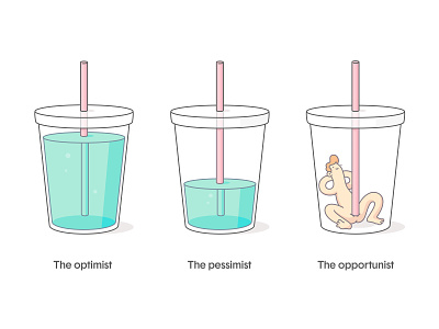 The Opportunist character clear comic cup design drink funny humor illustration naked optimist perspective pessimist plastic redhead straw