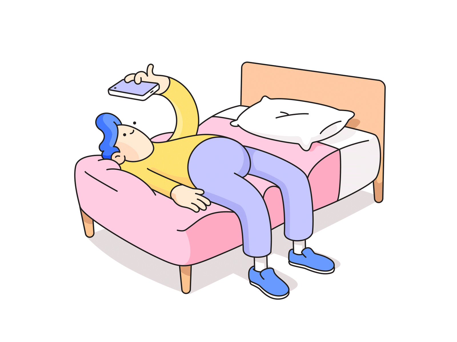 Imminent Danger bed character design humor illustration lying down phone pillow vector