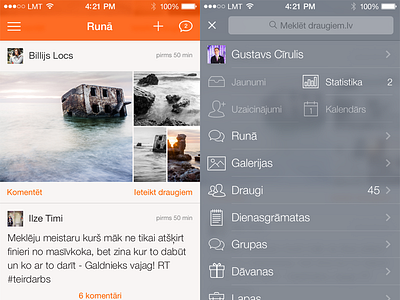 Draugiem for iOS 7 app blur feed gallery icons ios7 iphone menu mobile orange thin