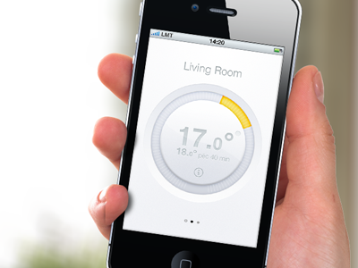 Thermostat app button circle clean design emboss iphone knob light orange swipe thermostat ui white