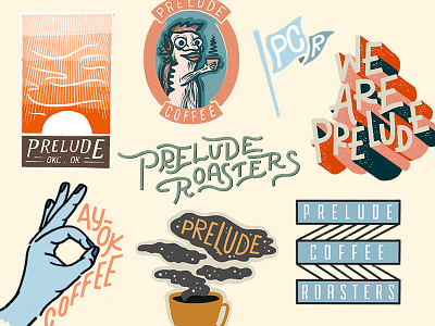 Prelude Coffee Roasters branding branding design coffee coffee bag coffee design coffee packaging illustration logo packaging prelude roasters stickers texture