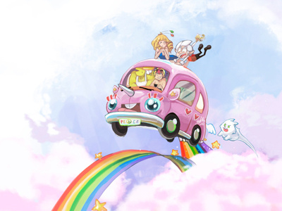 Rainbow Road of Awesome! buggy car characters illustration original rainbow