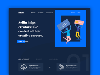 Sellin - Sell everything you want easily dark e commerce feature first illustration landing market marketplace sell typography ui
