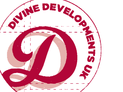 Divine Developments UK branding calligraphy construction development divine geometric lines gotham logo maroon stamp