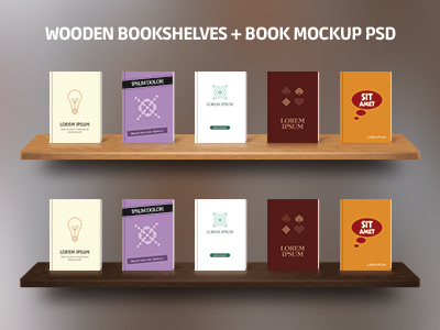 Wooden Bookshelves + Book Mockup PSD book bookshelf graphicriver mock-up mockup shelves wooden