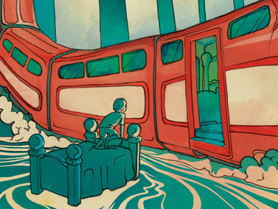 Sleepy Town Train 70s art illustrations nouveau poster