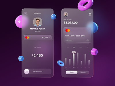 Wallet App - Glassmorphism 2021 2021 trend app application banking clean credit card finance glasseffect glassmorphism interface ios layout minimal mobile simple ui ui design ux wallet