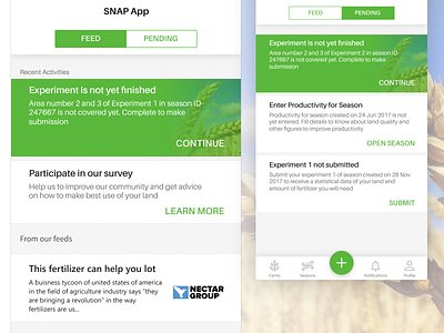 Snap Home app bar experiment farm app home home screen season section tabs